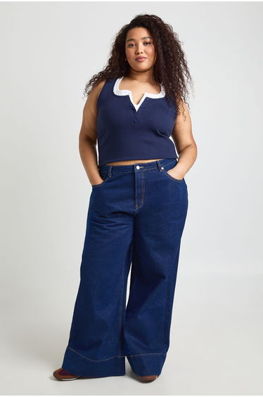 Plus Ribbed Contrast Henley Button Vest Top - navy