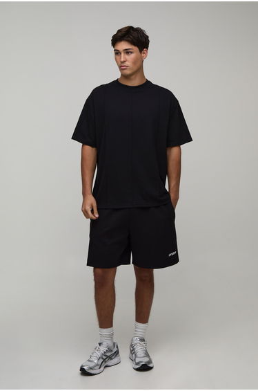 Man Sport Seam Detail Oversized T-Shirt & Baggy Short Set - black