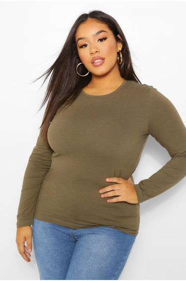 Plus Basic Scoop Neck Longsleeve T-Shirt - khaki