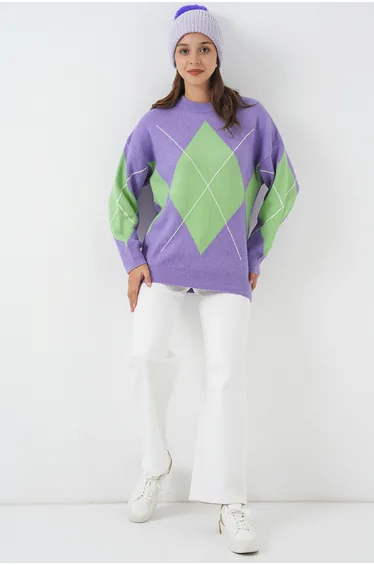 baklava patterned oversize knitwear sweater - lilac