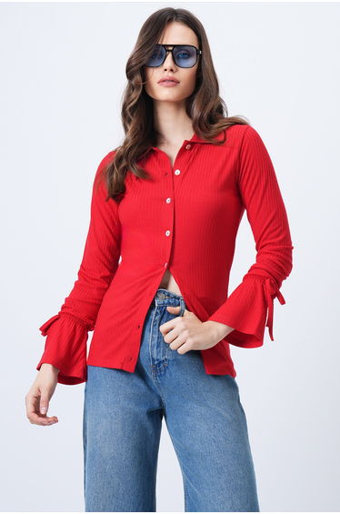 Women's Red Shirt Collar Buttoned Sleeve Drawstring Knitted Blouse