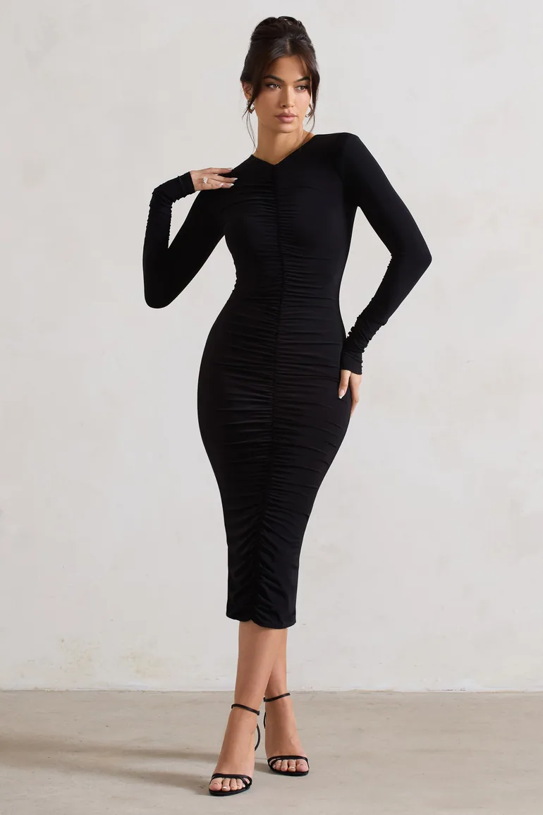 Shop Monique | Black Ruched Bodycon Midi Dress Online in Bahrain