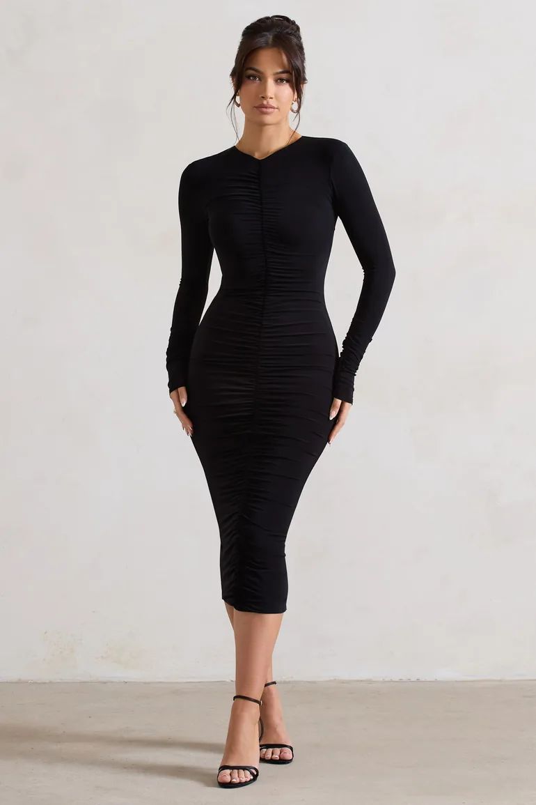 Shop Monique | Black Ruched Bodycon Midi Dress Online in Bahrain Shop Monique | Black Ruched Bodycon Midi Dress Online in Bahrain