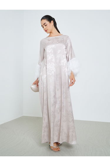 Women Jacquard Jalabiya with Faux Feather Trim