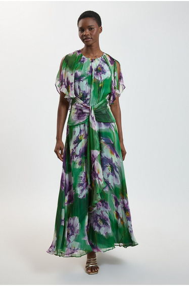 Floral Print Viscose Georgette Cape Sleeve Ruffle Woven Maxi Dress