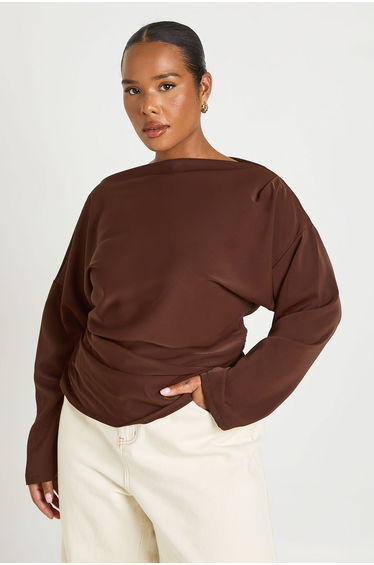Plus Ruched Long Sleeve Blouse - chocolate