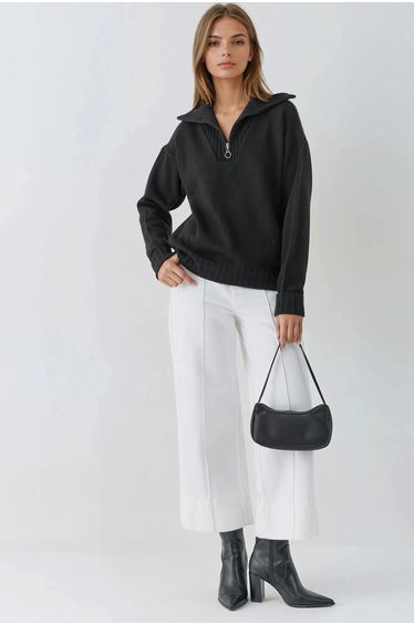 MY FASHION Oversized Ribbed Knit Sweater with Zipper Collar