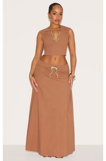Shape Mocha Linen Fold Gold Wave Trim Maxi Skirt
