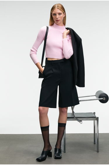 GRIMELANGE CALIDA Women's Ribbed Look Slim Fit Sweater with Stand Collar Pink Sweater