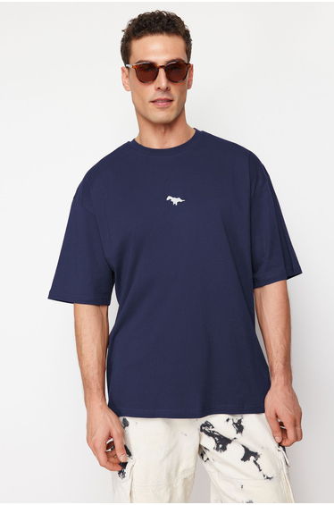 Men's Indigo Oversize/Wide-Fit Short Sleeve Dinosaur Embroidery 100% Cotton T-Shirt