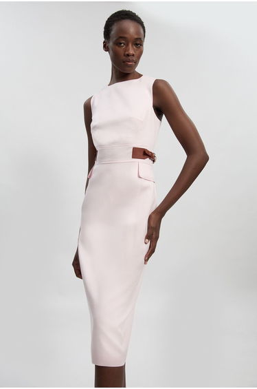 Tailored Linen Tab Waist Pencil Midi Dress