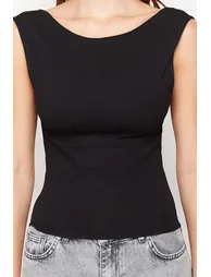 Black Backless Fitted Regular Length Cotton Stretchy Knitted Blouse - 3