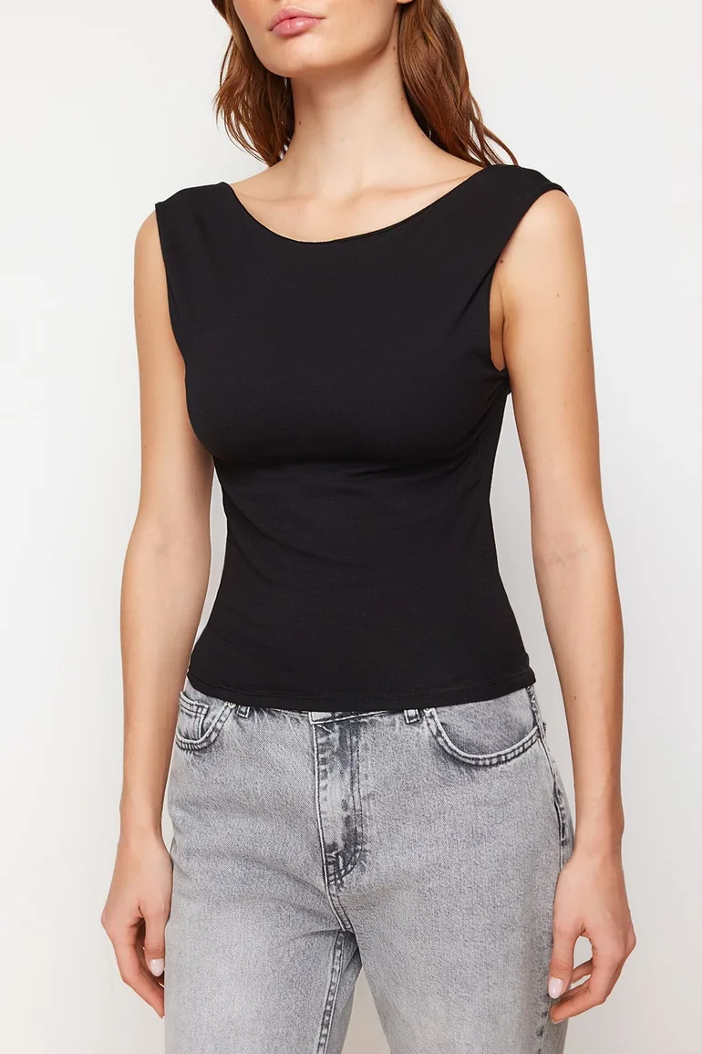 Black Backless Fitted Regular Length Cotton Stretchy Knitted Blouse - 4