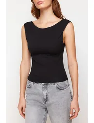 Black Backless Fitted Regular Length Cotton Stretchy Knitted Blouse - 4