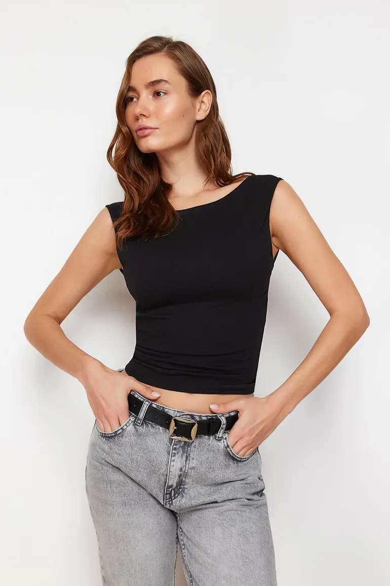 Black Backless Fitted Regular Length Cotton Stretchy Knitted Blouse