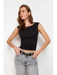 Black Backless Fitted Regular Length Cotton Stretchy Knitted Blouse