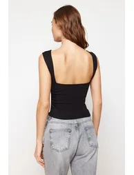 Black Backless Fitted Regular Length Cotton Stretchy Knitted Blouse - 5