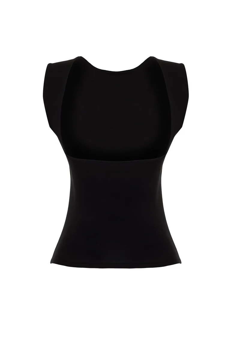 Black Backless Fitted Regular Length Cotton Stretchy Knitted Blouse - 7