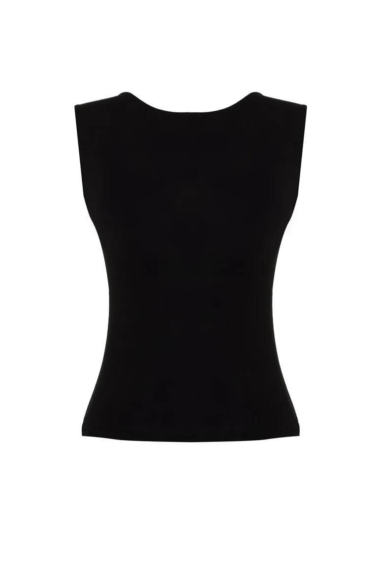 Black Backless Fitted Regular Length Cotton Stretchy Knitted Blouse - 6