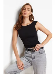 Black Backless Fitted Regular Length Cotton Stretchy Knitted Blouse - 2