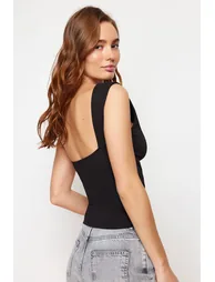 Black Backless Fitted Regular Length Cotton Stretchy Knitted Blouse - 1