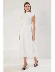 White A-Line Pleated Woven Elegant Evening Prom Dress