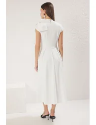 White A-Line Pleated Woven Elegant Evening Prom Dress - 3