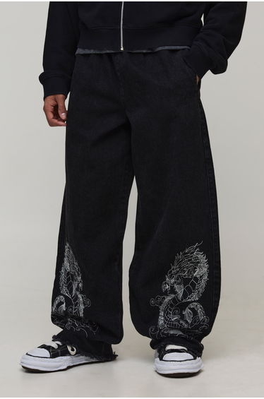 Dragon Embroidered Elasticated Waist Super Baggy Fit Jeans - washed black