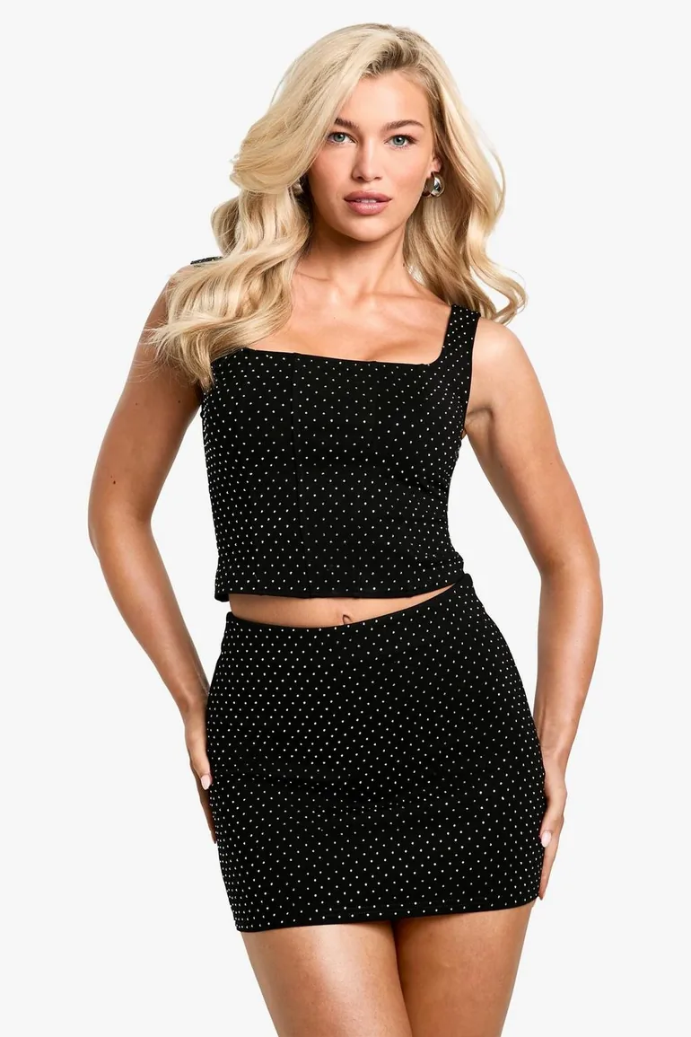 Hot Fix Diamante Mini Skirt - black - 1