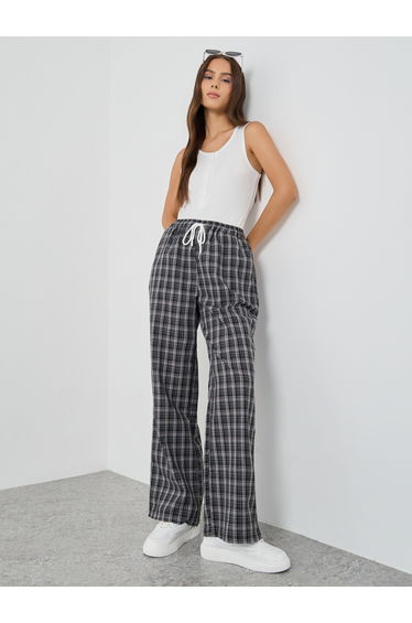 Checked Print Wide Leg Pants with Drawstring