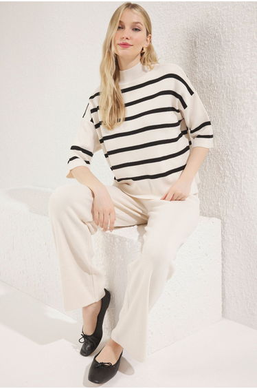 Ecru Striped T-Shirt Look Knitwear Two Piece Set