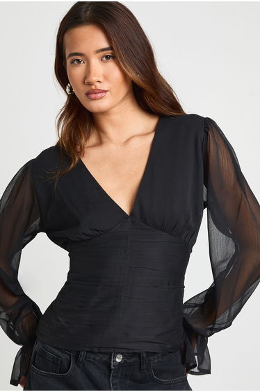 Chiffon V Neck Long Sleeve Top - black