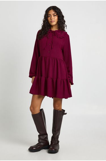 Hammered Ruffle Collar Smock Dress - plum