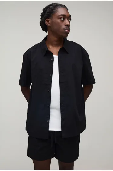 Regular Fit Short Sleeve Santorini Shirt and Relaxed Short Set - black