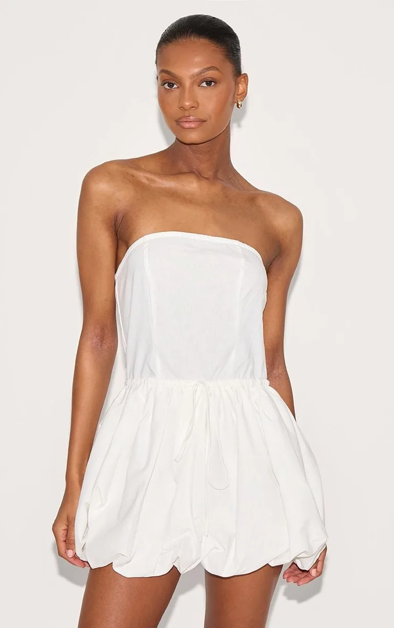 White Linen Bandeau Tie Waist Puffball Dress - 5