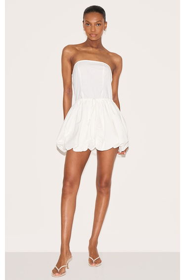 White Linen Bandeau Tie Waist Puffball Dress