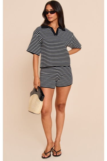 Petite Black Stripe Knitted Oversized Collared Top