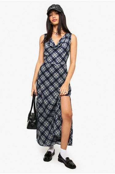 Check Chiffon Cowl Neck Midaxi Dress - navy
