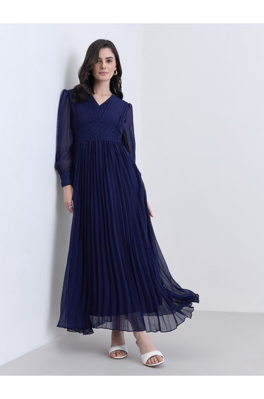 Women Navy Blue Pleated Maxi Dress