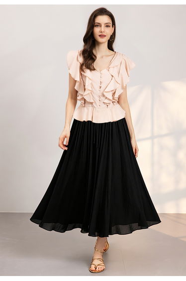 Wispy Self-Tie Waist Asymmetrical Hem Maxi Skirt in Black