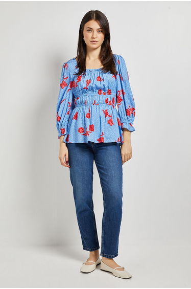 Blue Floral Square Neck Blouson Sleeve Top
