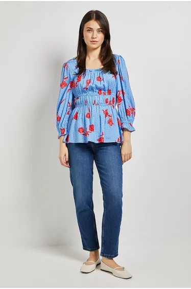 Blue Floral Square Neck Blouson Sleeve Top