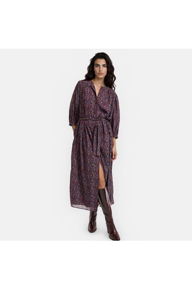 Floral Print Crew Neck 3/4 Length Sleeve Maxi Dress