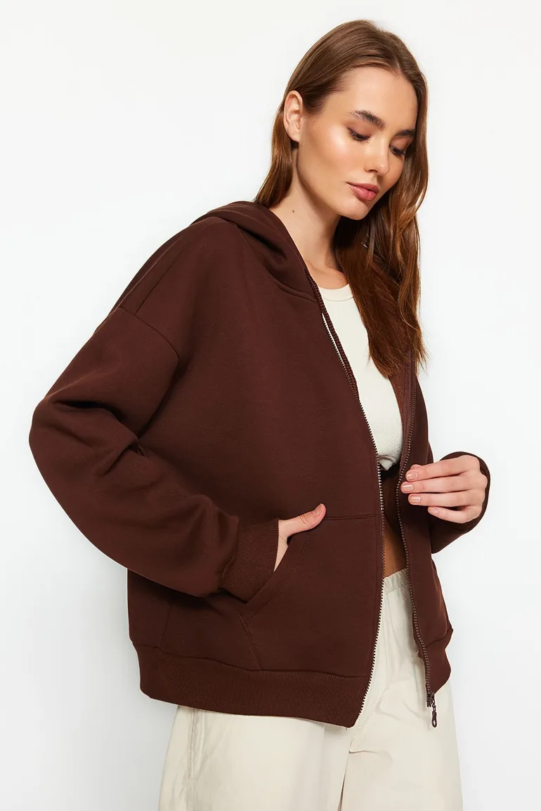 Brown Oversize/Comfortable Fit Basic Hooded Knitted Sweatshirt with Fleece Inside  . - 1