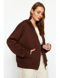 Brown Oversize/Comfortable Fit Basic Hooded Knitted Sweatshirt with Fleece Inside  . - 1