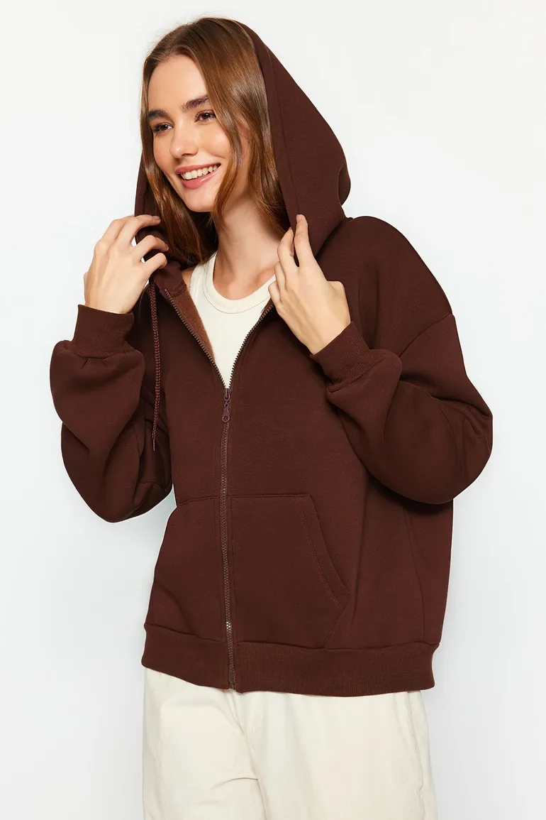 Brown Oversize/Comfortable Fit Basic Hooded Knitted Sweatshirt with Fleece Inside  . - 2