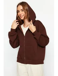 Brown Oversize/Comfortable Fit Basic Hooded Knitted Sweatshirt with Fleece Inside  . - 2