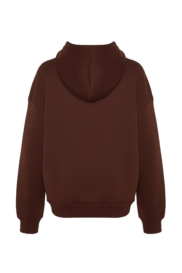 Brown Oversize/Comfortable Fit Basic Hooded Knitted Sweatshirt with Fleece Inside  . - 7