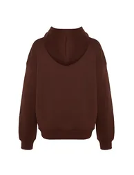 Brown Oversize/Comfortable Fit Basic Hooded Knitted Sweatshirt with Fleece Inside  . - 7