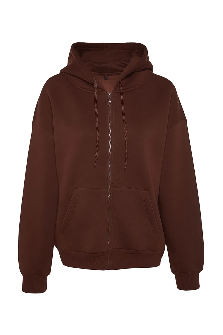 Brown Oversize/Comfortable Fit Basic Hooded Knitted Sweatshirt with Fleece Inside  . - 6
